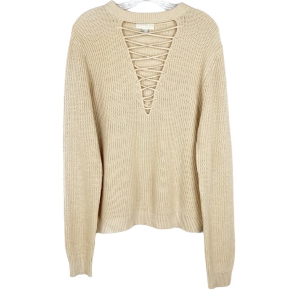 Forever 21 Cream Knit Lace Up Sweater